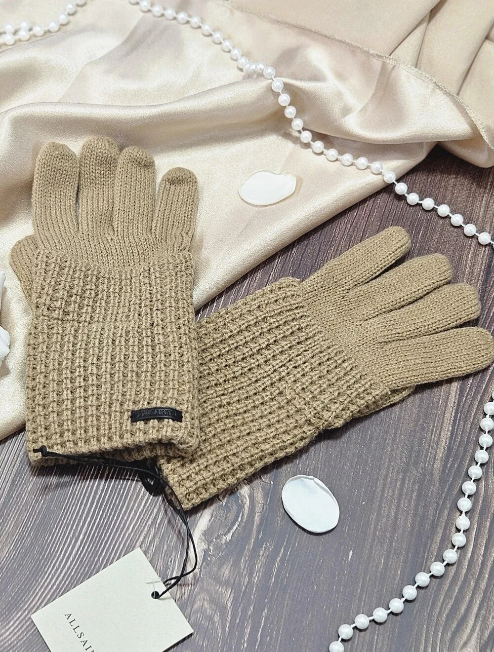 All Saints Mixed Stitch Knit Gloves Tannins Brown Wool Blend Outdoor Winter